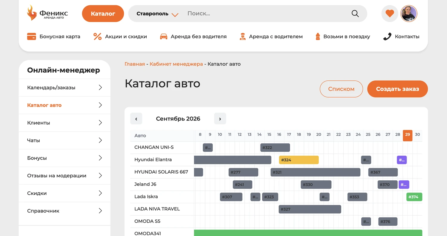 Календарь занятости автомобилей в кабинете менеджера: строки по машинам, полосы заказов по дням месяца