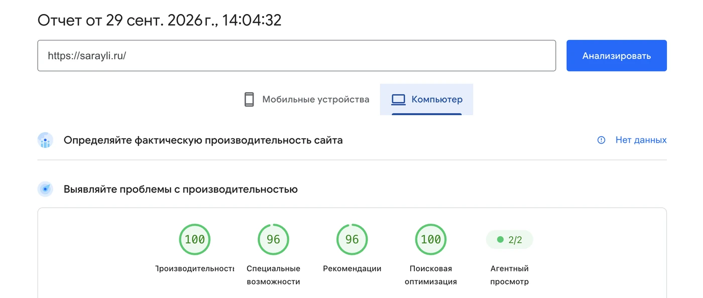 Отчёт PageSpeed Insights для компьютера: производительность 100, специальные возможности 96, рекомендации 96, поисковая оптимизация 100