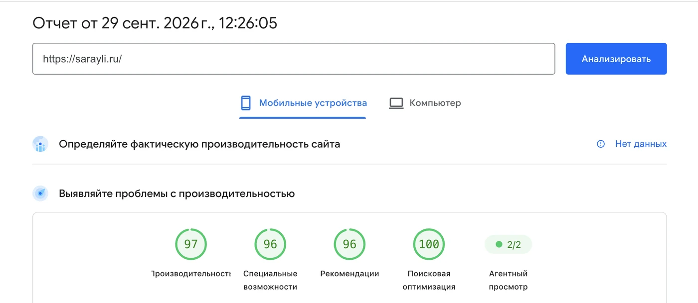 Отчёт PageSpeed Insights для мобильных устройств: производительность 97, специальные возможности 96, рекомендации 96, поисковая оптимизация 100