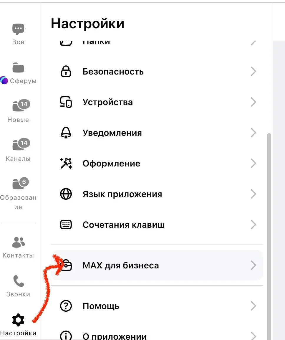 Меню настроек MAX, стрелка указывает на пункт MAX для бизнеса