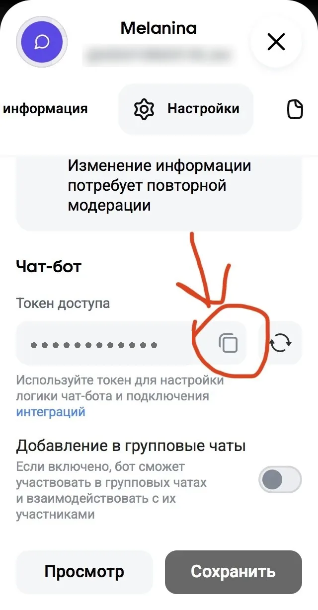 Настройки бота в веб-версии: поле токена доступа скрыто, обведена кнопка копирования, ниже переключатель добавления в групповые чаты
